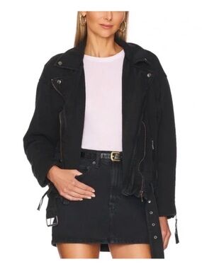 We The Free oversized Rebel Knit Black Moto Jacket with Belt